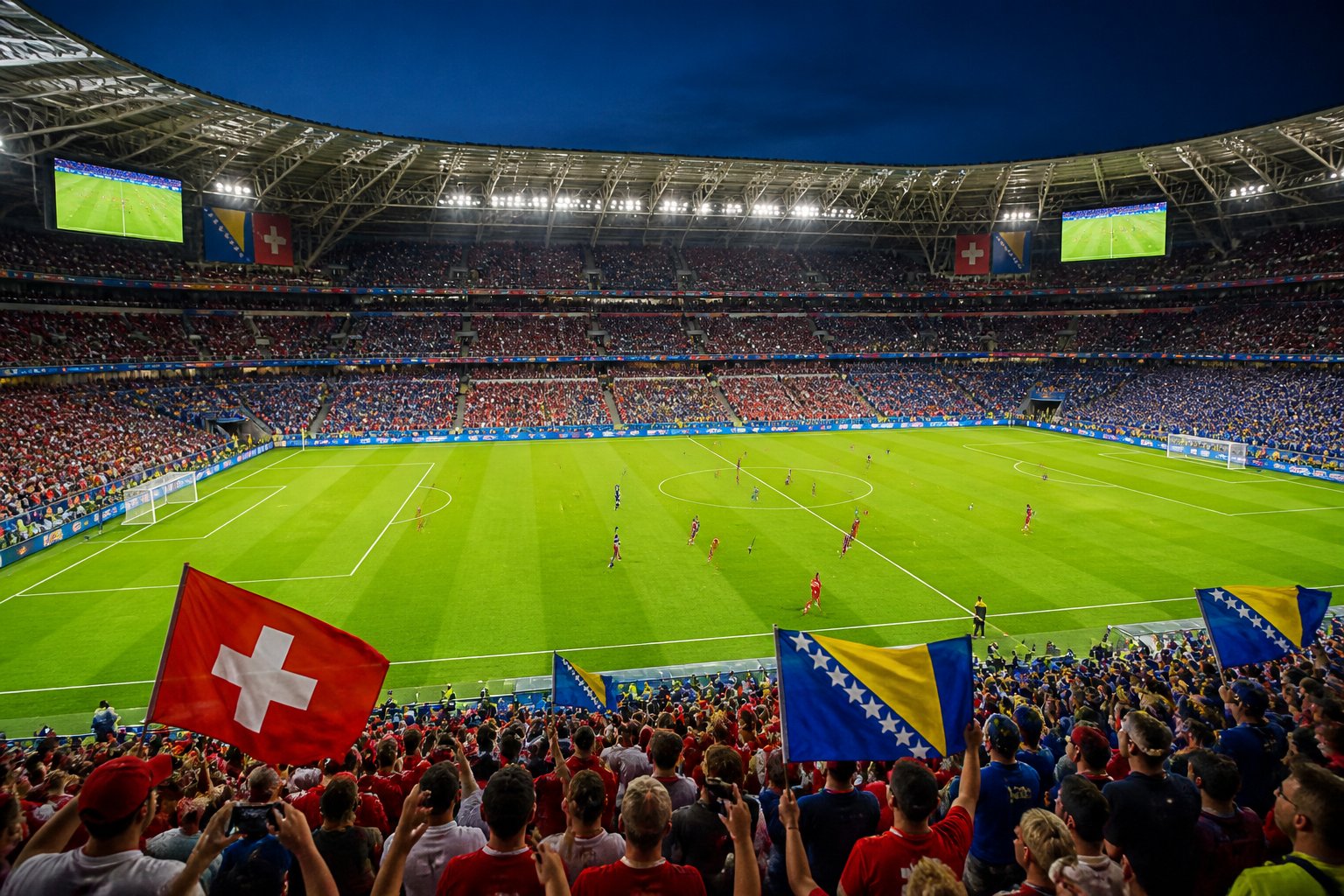 İsviçre ve Bosna Hersek takımları arasında bir Dünya Kupası futbol maçı, kalabalık stadyumda oyuncular sahada mücadele ediyor.