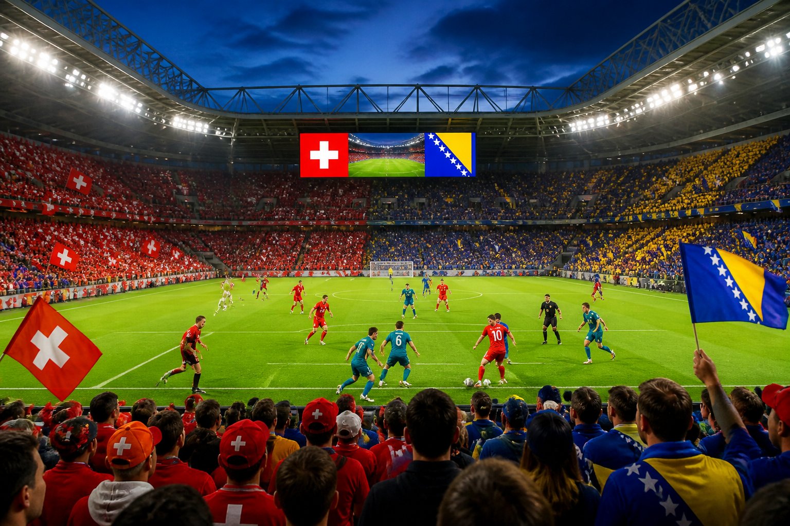 İsviçre ve Bosna Hersek takımlarının Dünya Kupası maçında oynadığı, dolu bir stadyumda futbolcuların mücadele ettiği bir sahne.