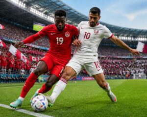 Kanada ve Katar takımları arasında bir Dünya Kupası maçında, sahada top için mücadele eden iki futbolcu ve tribünde taraftarlar.