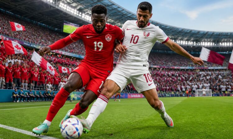 Kanada ve Katar takımları arasında bir Dünya Kupası maçında, sahada top için mücadele eden iki futbolcu ve tribünde taraftarlar.