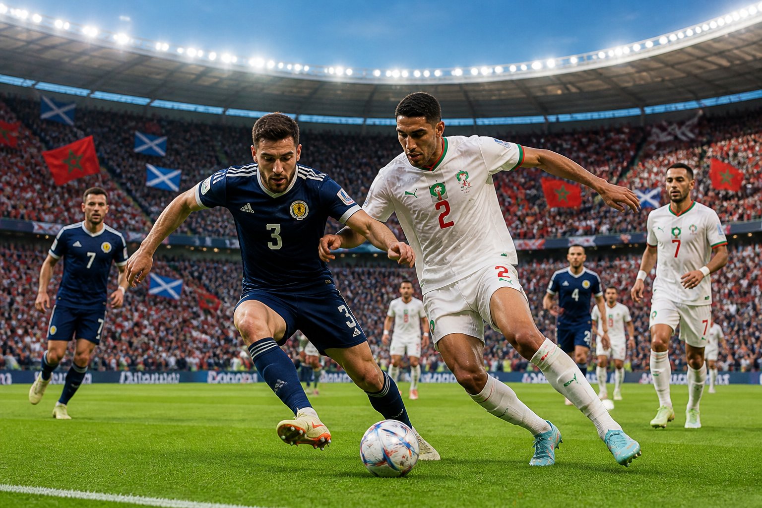 İskoçya ve Fas takımlarının büyük bir kalabalık önünde futbol sahasında mücadele ettiği bir Dünya Kupası maçı sahnesi.