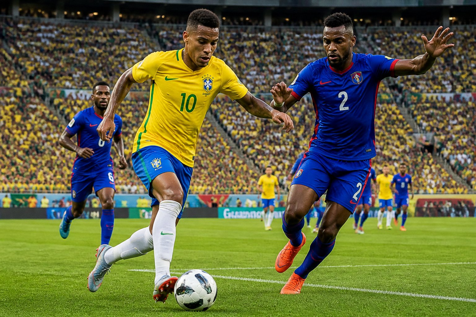 Brezilya ve Haiti milli takımları arasında Dünya Kupası maçında futbolcular top için mücadele ediyor.