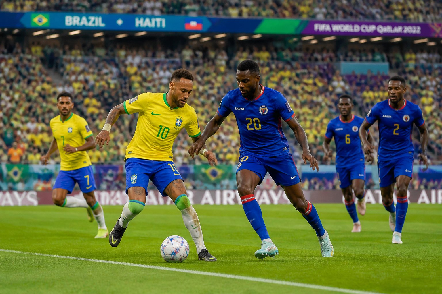Brezilya ve Haiti takımlarının bir futbol maçında sahada mücadele ettiği, oyuncuların top için yarıştığı bir sahne.