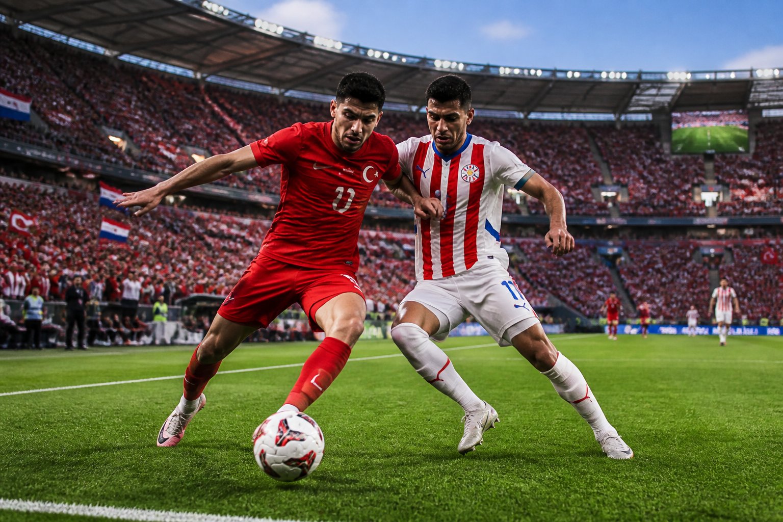Türkiye ve Paraguay milli takımları arasında Dünya Kupası maçında sahada mücadele eden futbolcular.
