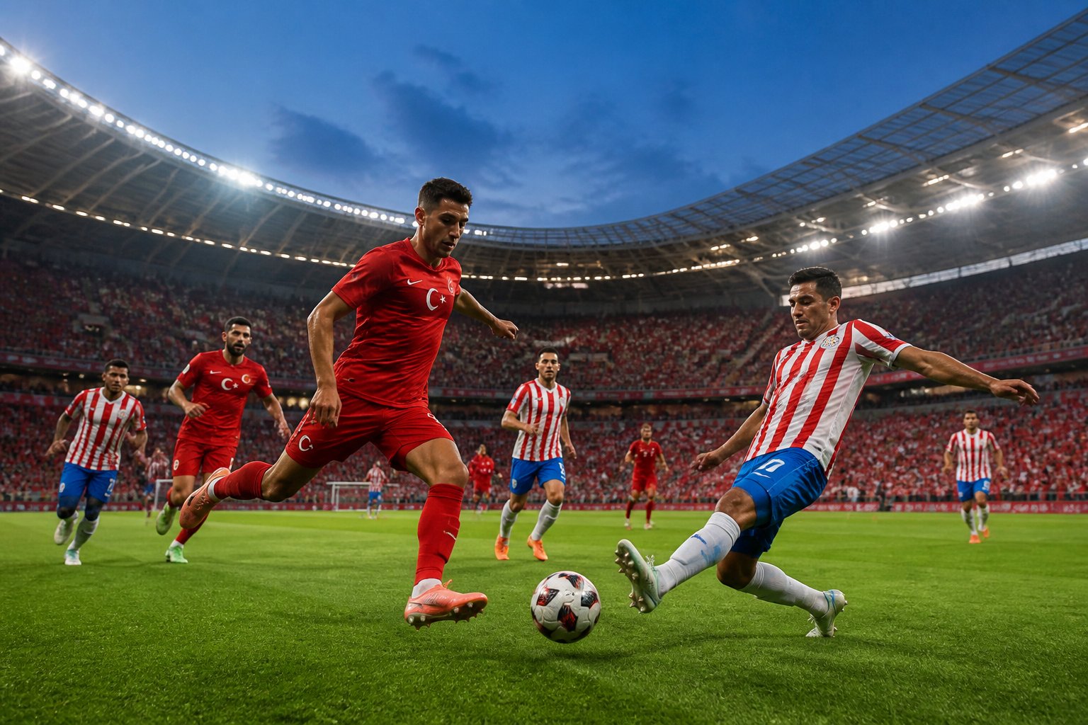 Türkiye ve Paraguay takımları arasında büyük bir stadyumda oynanan heyecanlı bir futbol maçı.