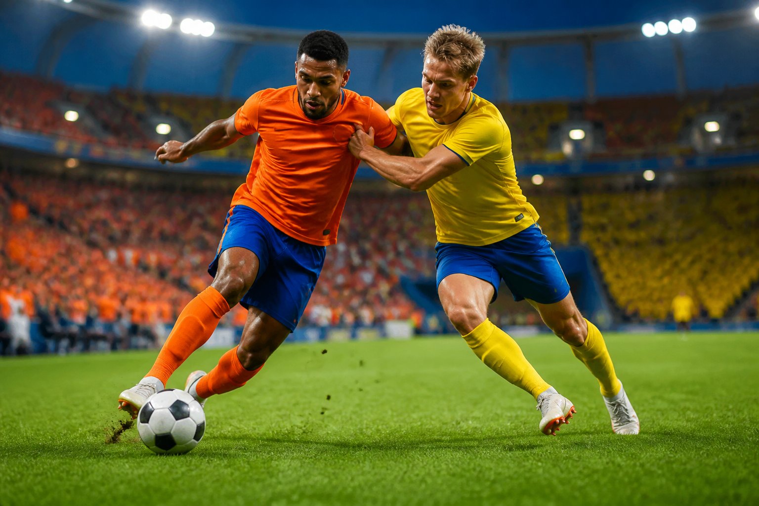 Hollanda ve İsveç takımlarının Dünya Kupası maçında sahada mücadele eden futbolcular.