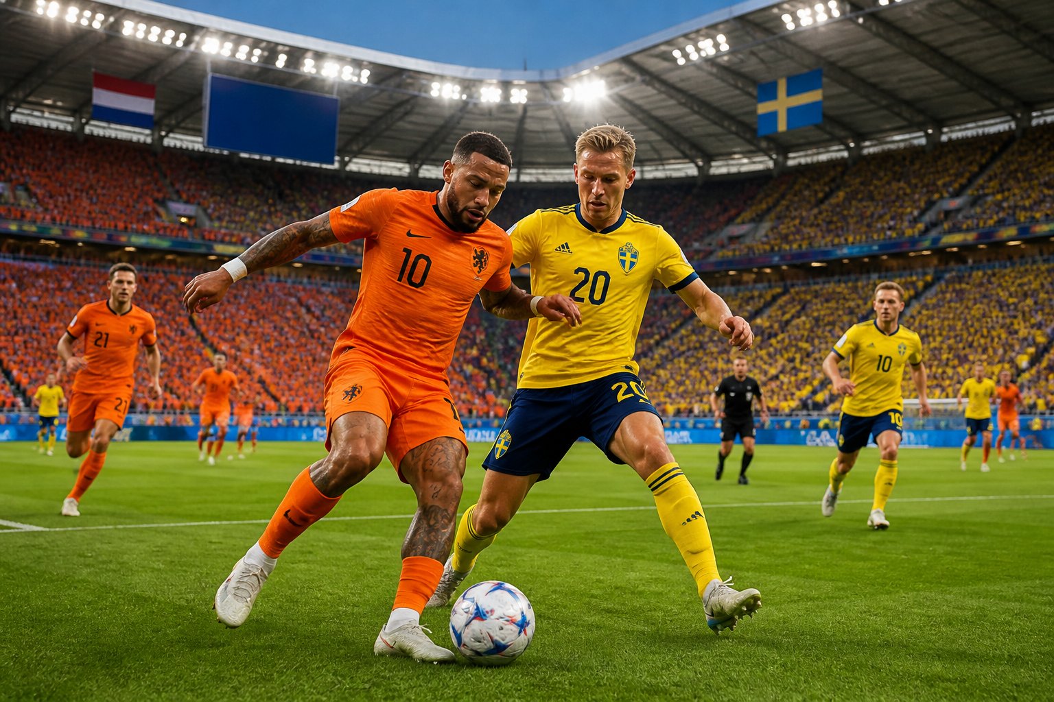 Hollanda ve İsveç takımları arasında büyük bir futbol maçı, kalabalık bir stadyumda oyuncular top için mücadele ediyor.