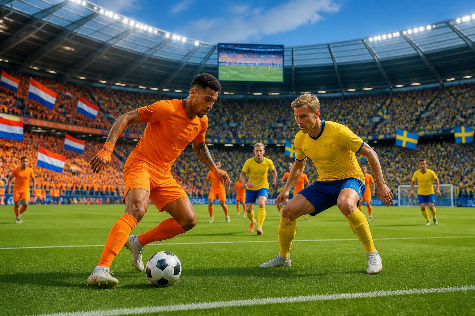 Hollanda ve İsveç takımlarının 2026 Dünya Kupası maçında sahada mücadele ettiği bir futbol karşılaşması.