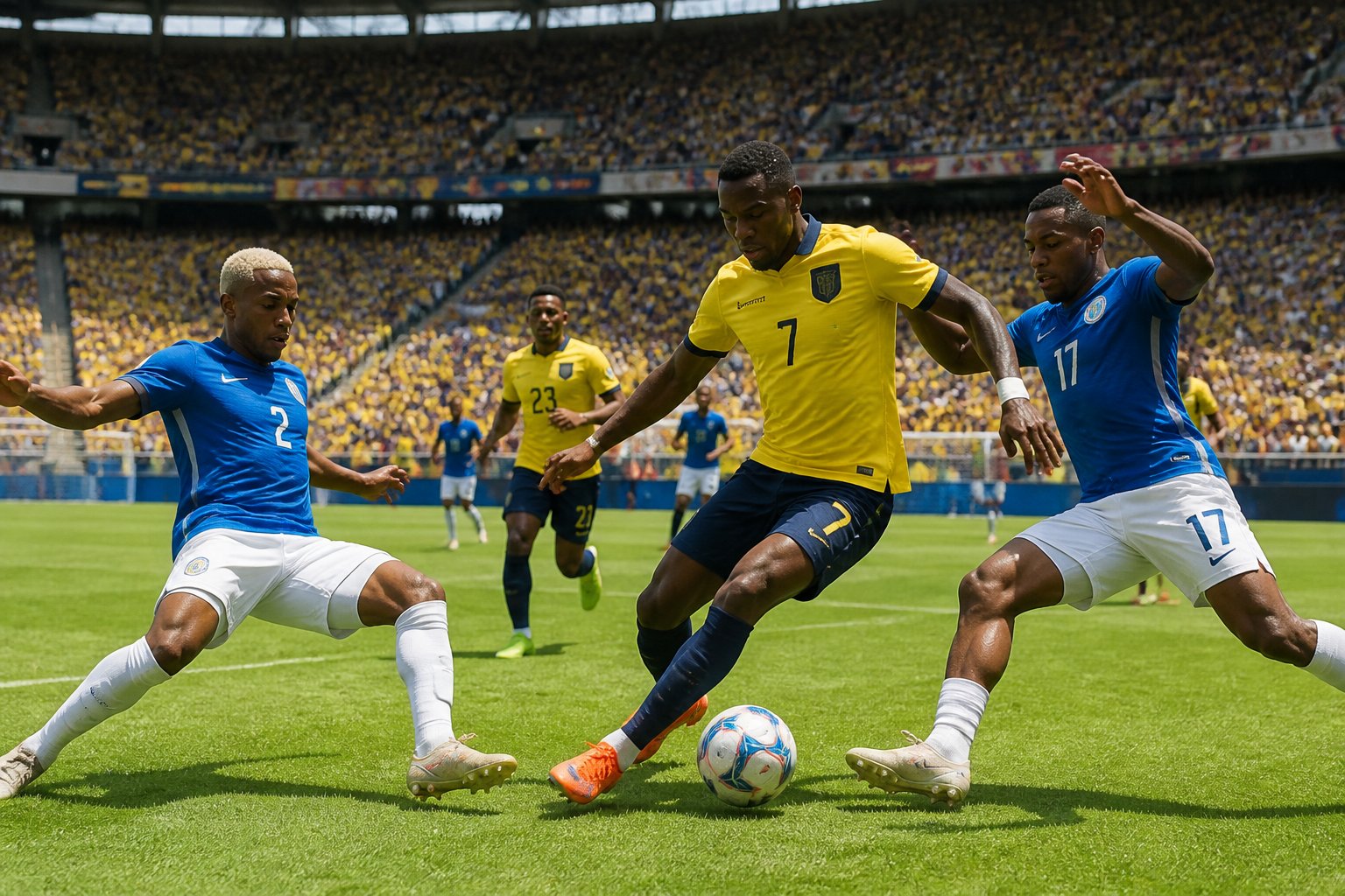 Ekvador ve Curaçao milli futbol takımları arasında bir Dünya Kupası maçında oyuncular top için mücadele ediyor.