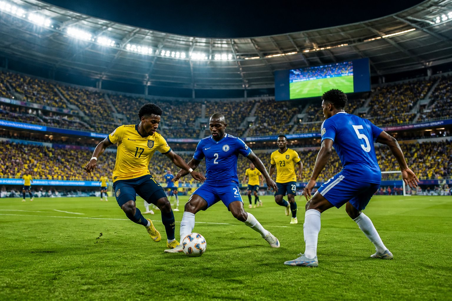 Ekvador ve Curaçao futbol takımları Dünya Kupası maçında stadyumda mücadele ediyor, taraftarlar coşkuyla destek veriyor.
