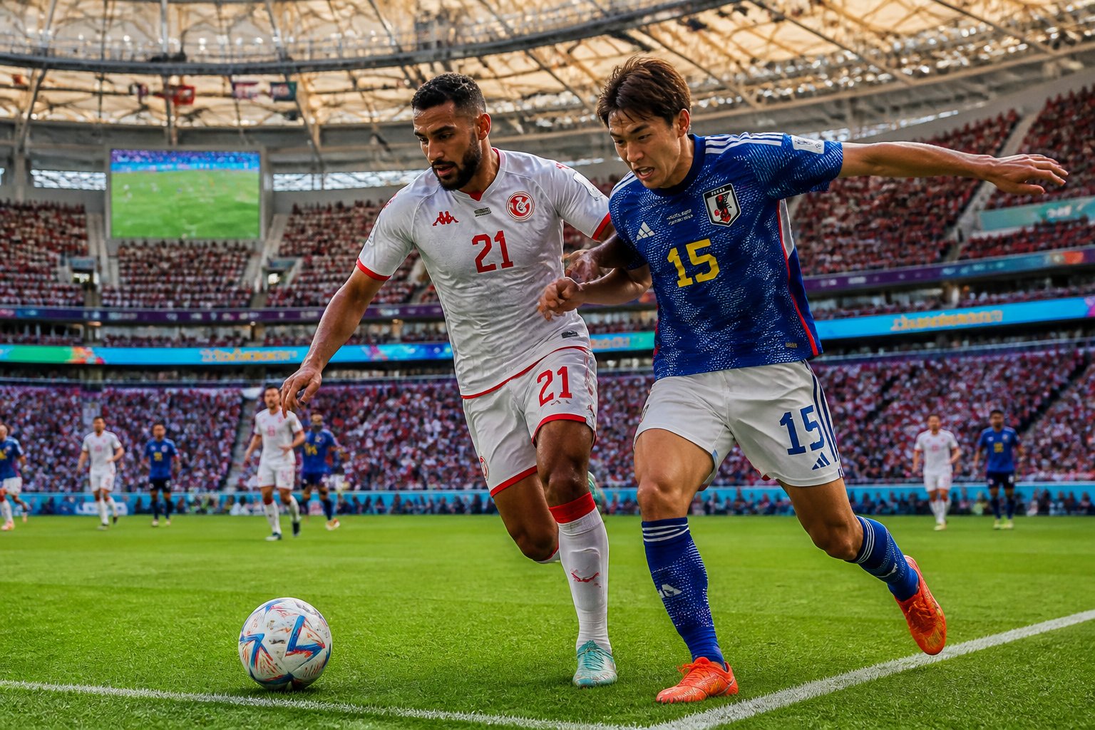 Tunus ve Japonya futbol takımlarının Dünya Kupası maçında saha içinde mücadele eden oyuncuları.