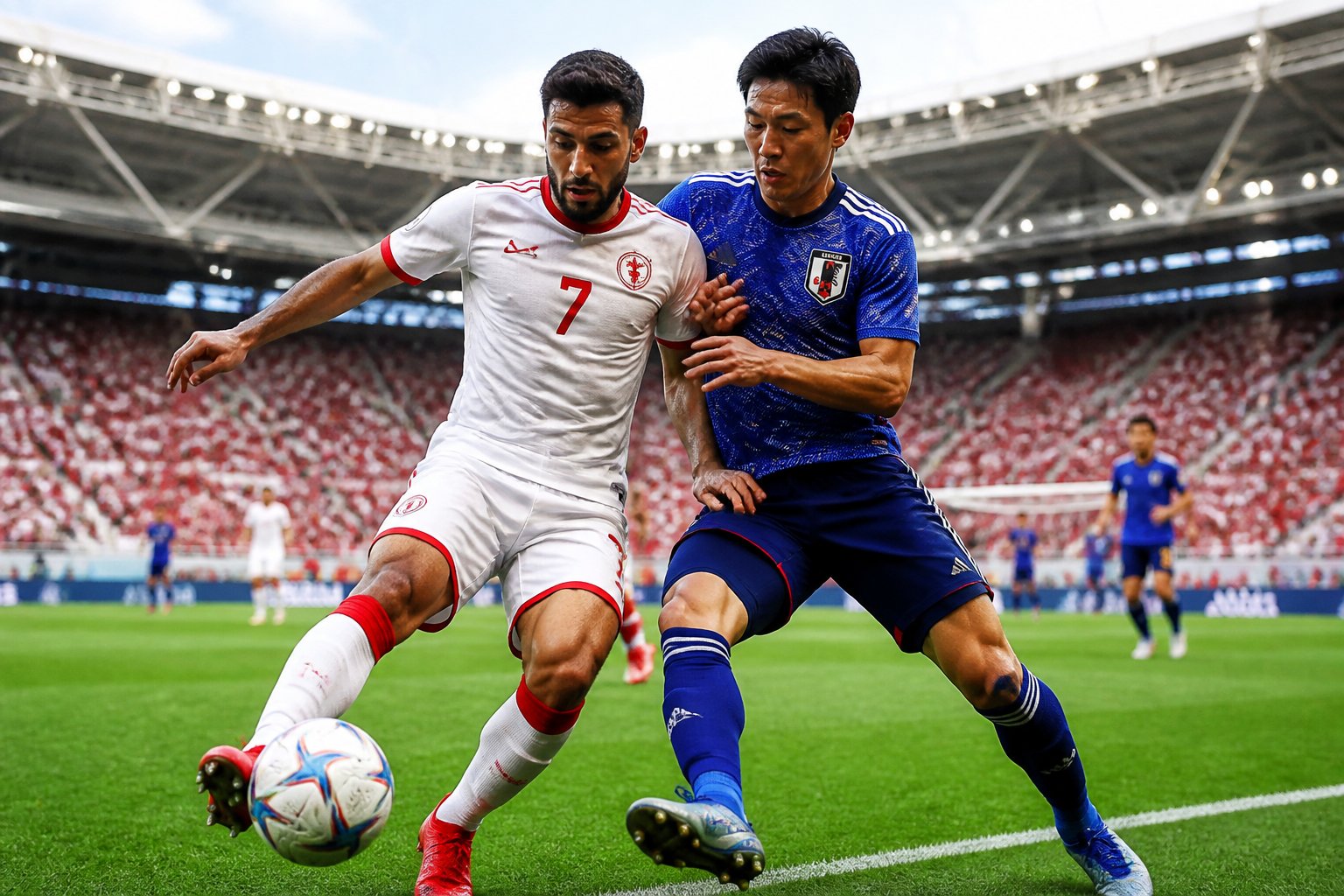 Tunus ve Japonya milli takımlarının futbolcuları, büyük bir stadyumda Dünya Kupası maçında top için mücadele ediyor.