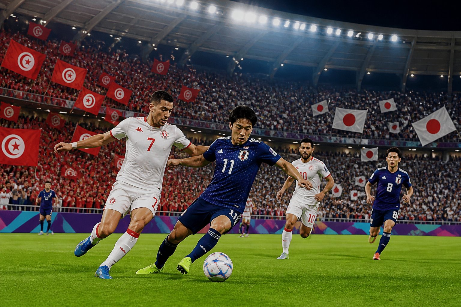 Tunus ve Japonya takımlarının maç yaptığı, dolu bir stadyumda futbolcuların sahada mücadele ettiği bir sahne.