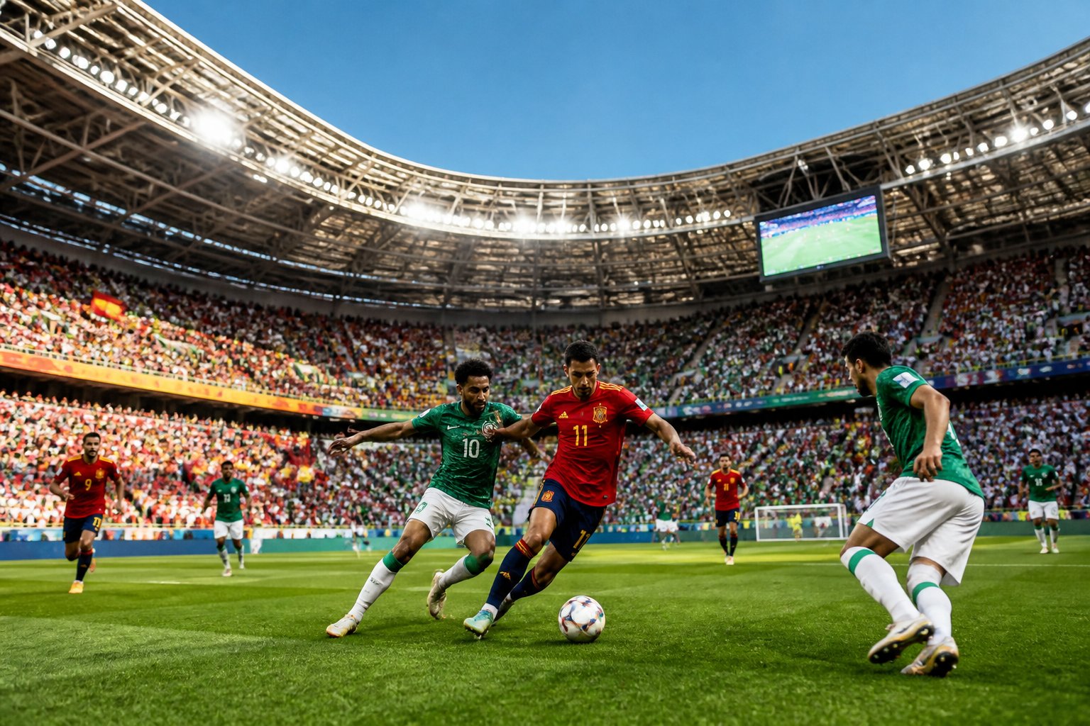 İspanya ve Suudi Arabistan futbol takımları arasında maç oynanan kalabalık bir stadyum sahnesi.