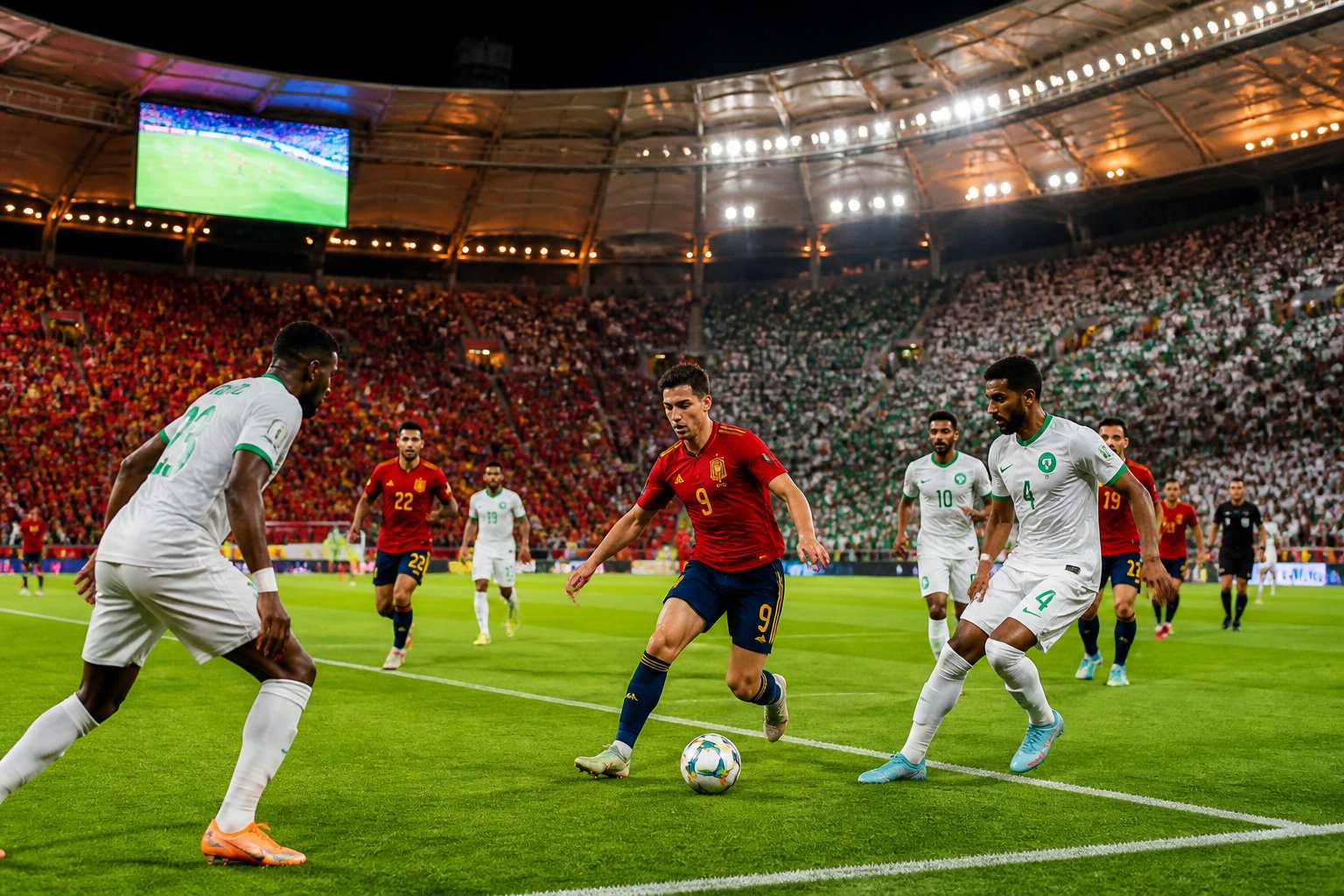 İspanya ve Suudi Arabistan futbol takımları, kalabalık bir stadyumda maç yapıyor.