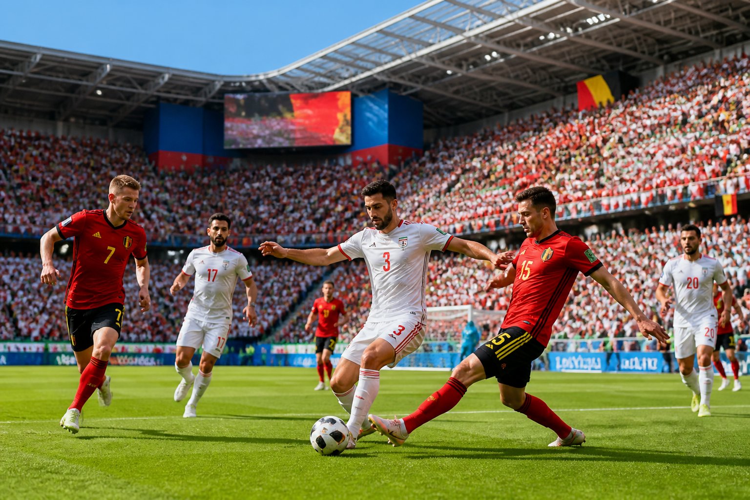 Belçika ve İran takımları arasında geçen bir Dünya Kupası futbol maçında oyuncular saha içinde top için mücadele ediyor, tribünler dolu ve taraftarlar bayraklar sallıyor.