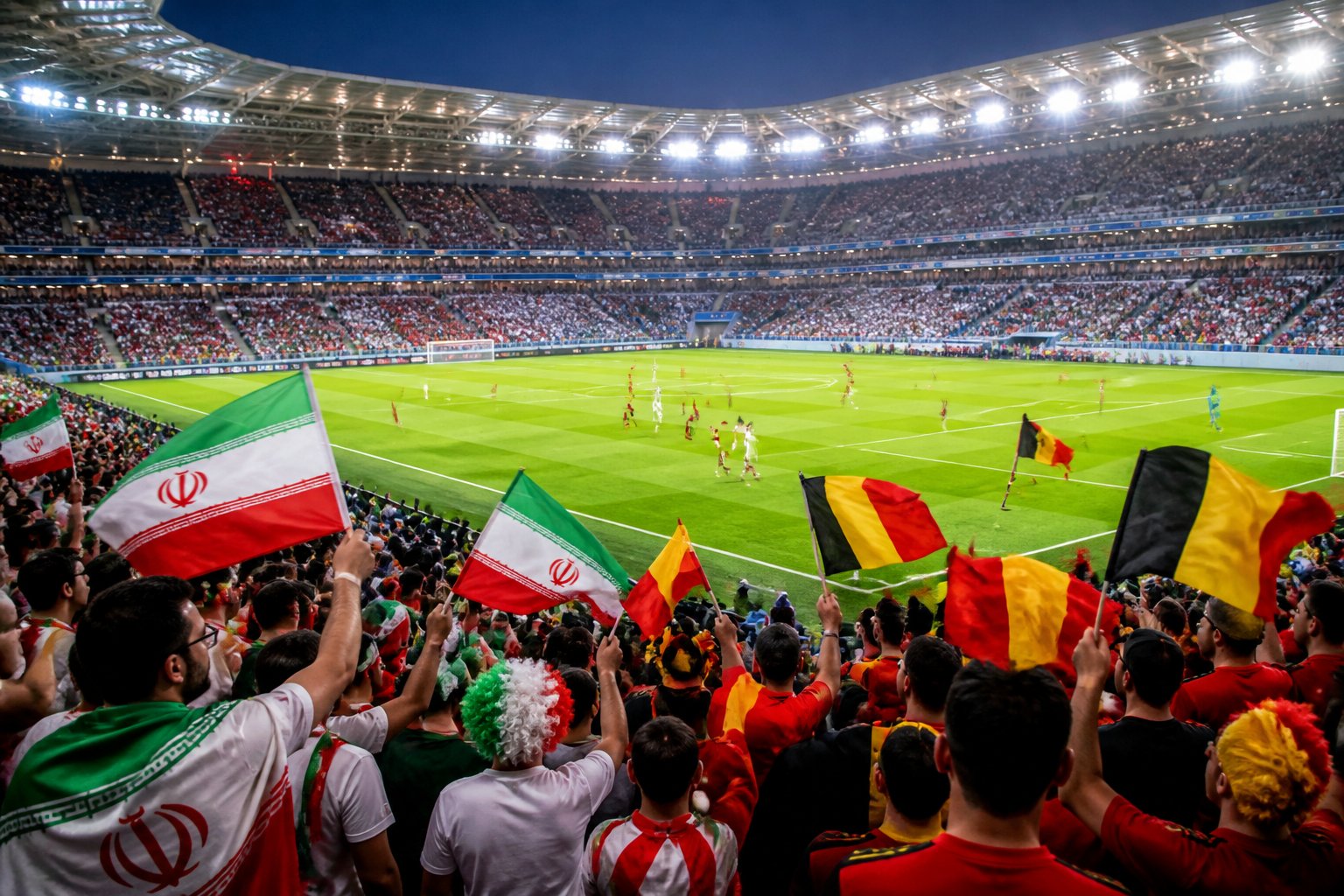 Belçika ve İran takımları arasında bir futbol maçının oynandığı, dolu bir stadyumda taraftarların tezahürat yaptığı bir sahne.