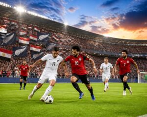 Yeni Zelanda ve Mısır takımlarının maç yaptığı, dolu bir stadyumda futbol oynanan bir sahne.