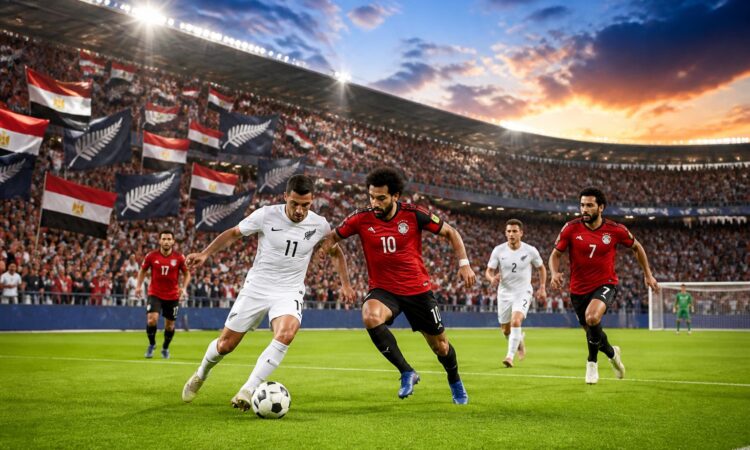 Yeni Zelanda ve Mısır takımlarının maç yaptığı, dolu bir stadyumda futbol oynanan bir sahne.