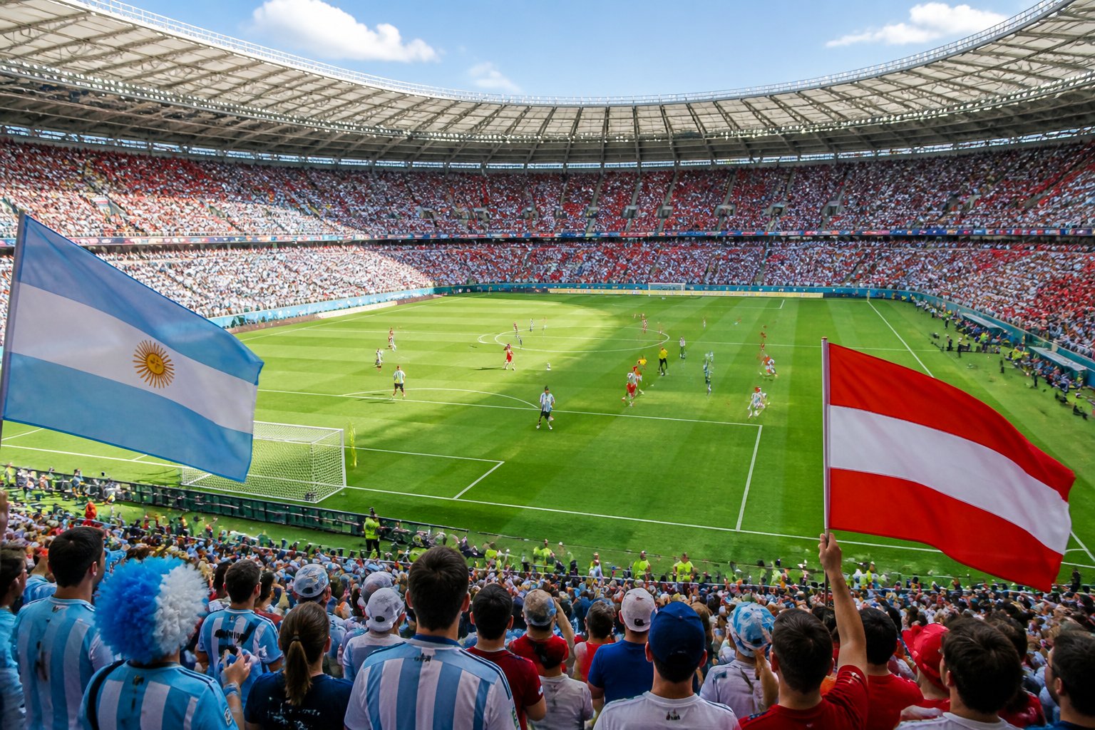 Arjantin ve Avusturya takımlarının maç yaptığı, dolu bir futbol stadyumu ve sahadaki oyuncular.