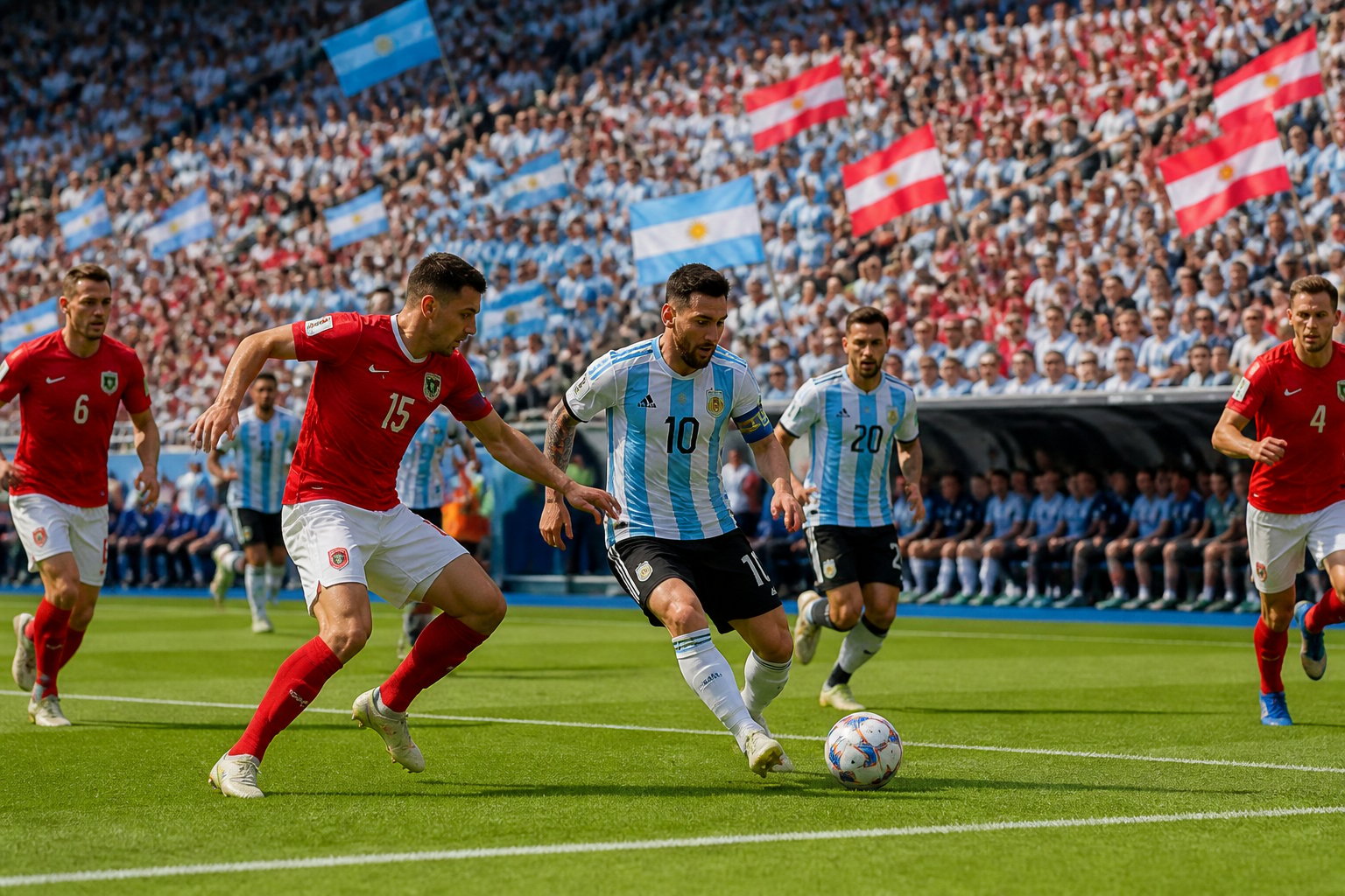Arjantin ve Avusturya futbol takımlarının maç yaptığı, dolu bir stadyumda hareketli bir futbol oyunu sahnesi.