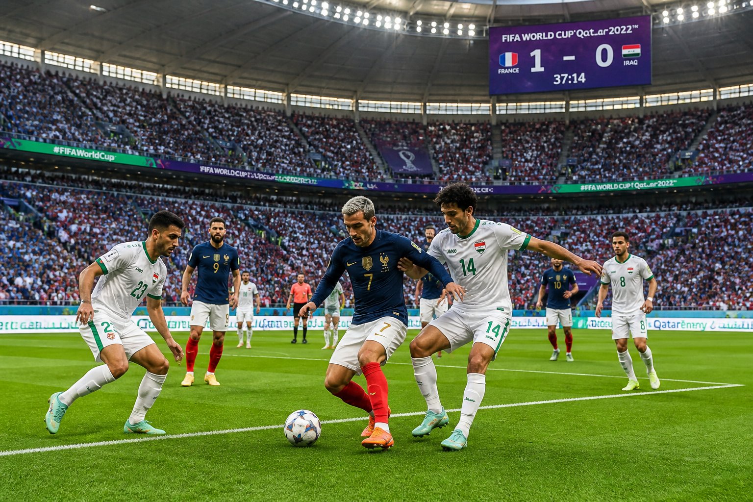 Fransa ve Irak arasında bir Dünya Kupası futbol maçı sırasında oynanan sahada oyuncular ve tribünde taraftarlar.