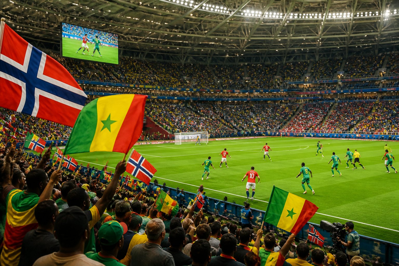 Norveç ve Senegal takımları arasında bir Dünya Kupası maçında, dolu bir stadyumda futbolcular sahada mücadele ediyor.