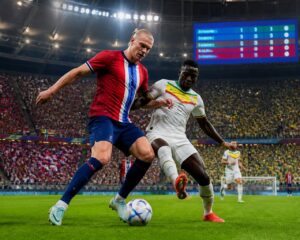 Norveç ve Senegal futbol takımları arasında geçen heyecanlı bir Dünya Kupası maçı sahnesi.
