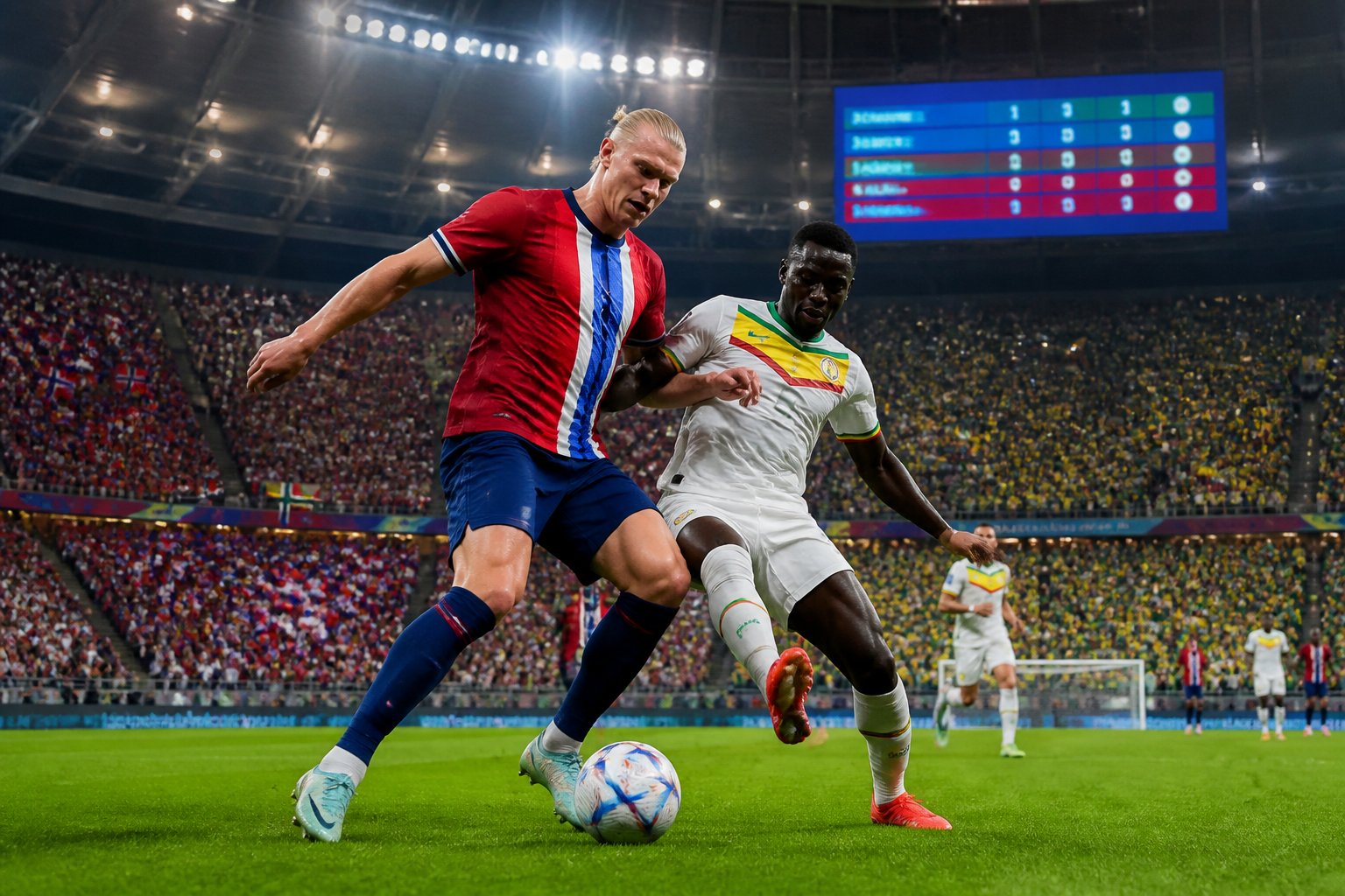 Norveç ve Senegal futbol takımları arasında geçen heyecanlı bir Dünya Kupası maçı sahnesi.