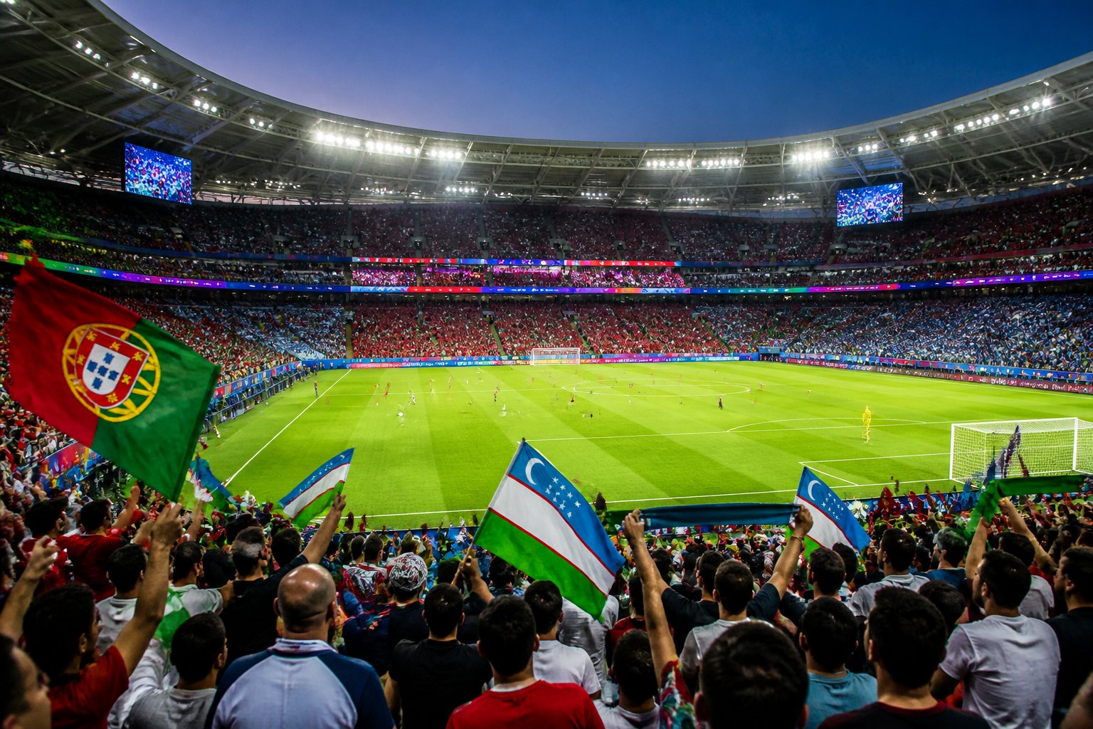 Portekiz ve Özbekistan takımlarının Dünya Kupası maçının oynandığı kalabalık ve aydınlık bir futbol stadyumu.