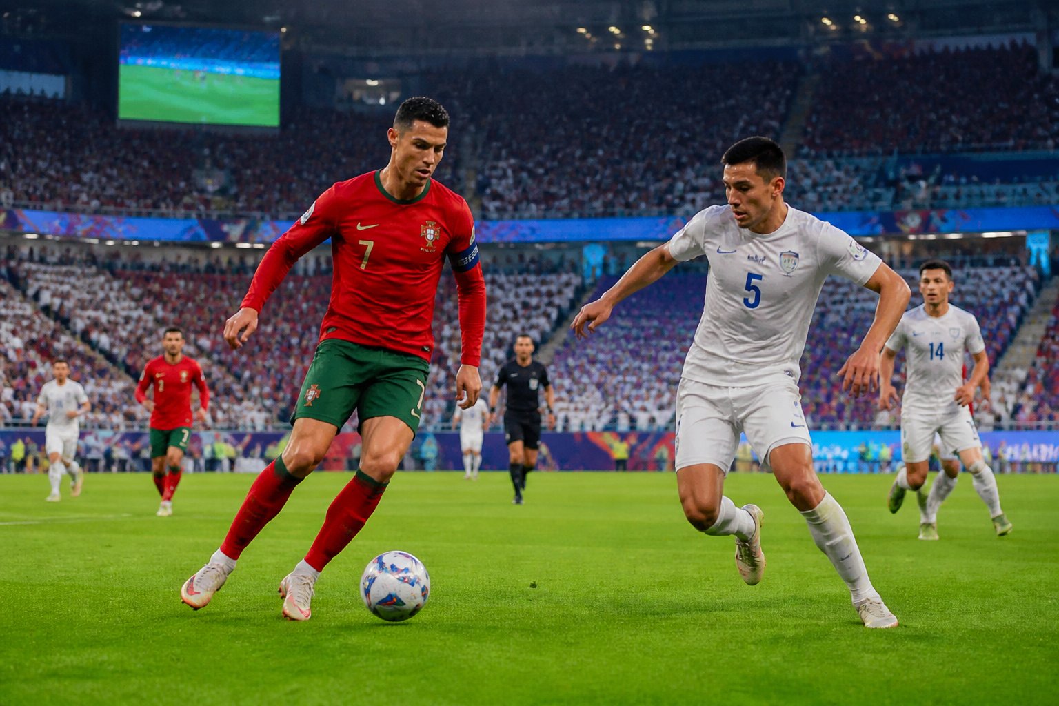 Portekiz ve Özbekistan futbol takımları Dünya Kupası maçında, stadyumda mücadele ediyor.