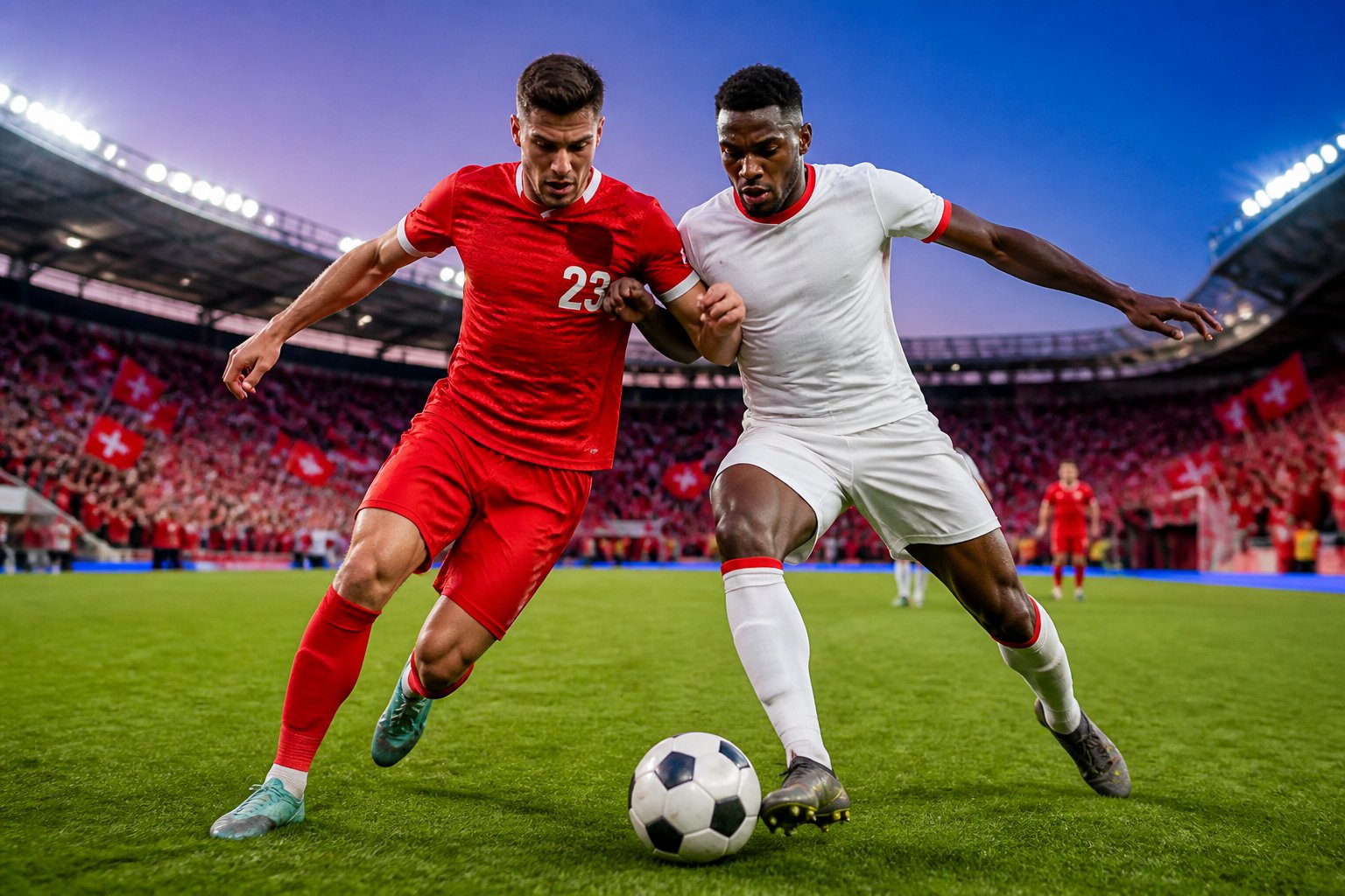 İsviçre ve Kanada futbol takımları arasında bir Dünya Kupası maçında oyuncular top için mücadele ediyor.