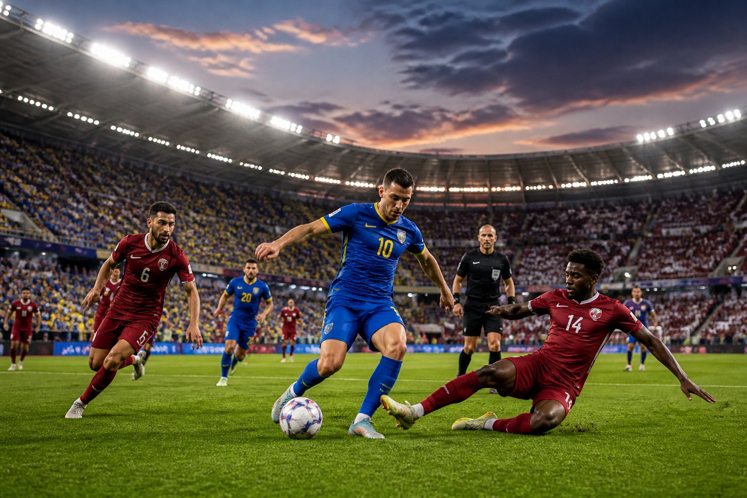 Bosna Hersek ve Katar takımlarının maç yaptığı, dolu bir stadyumda futbolcuların sahada mücadele ettiği bir sahne.