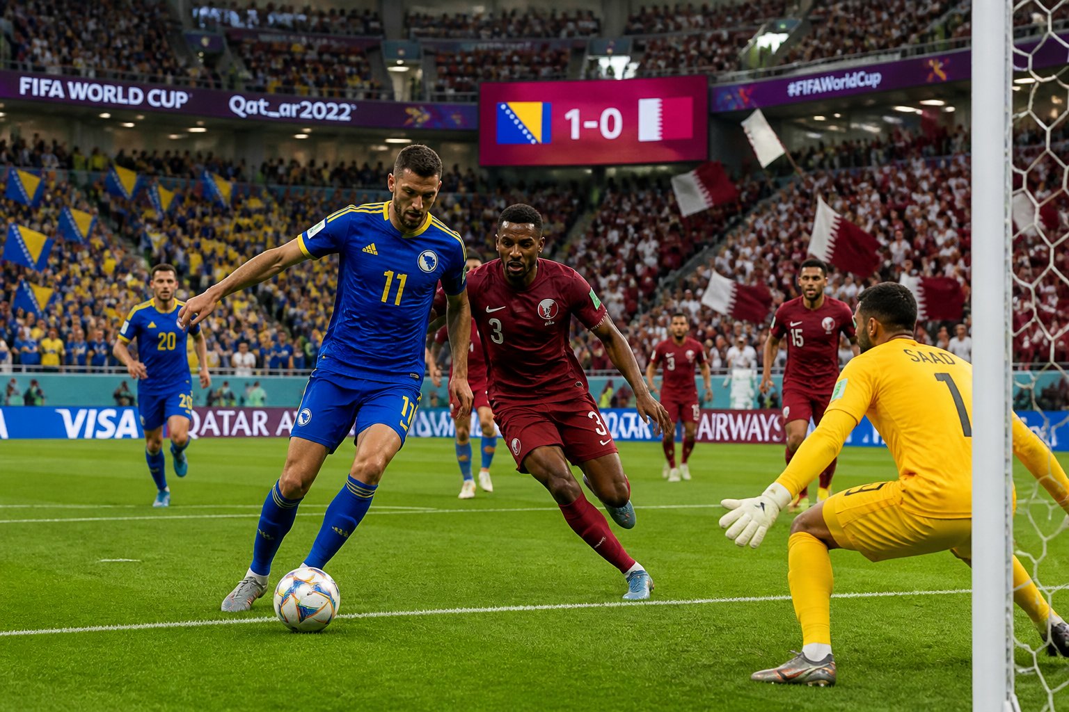 Bosna Hersek ve Katar takımlarının maç yaptığı, dolu bir stadyumda futbolcuların sahada mücadele ettiği bir sahne.