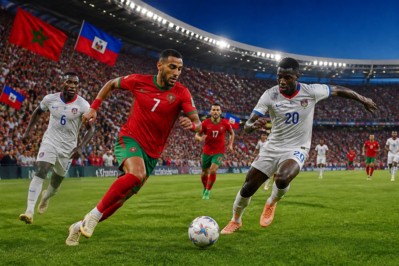 Fas ve Haiti takımları arasında geçen bir Dünya Kupası futbol maçı sırasında sahada mücadele eden oyuncular ve tribünde coşkulu taraftarlar.