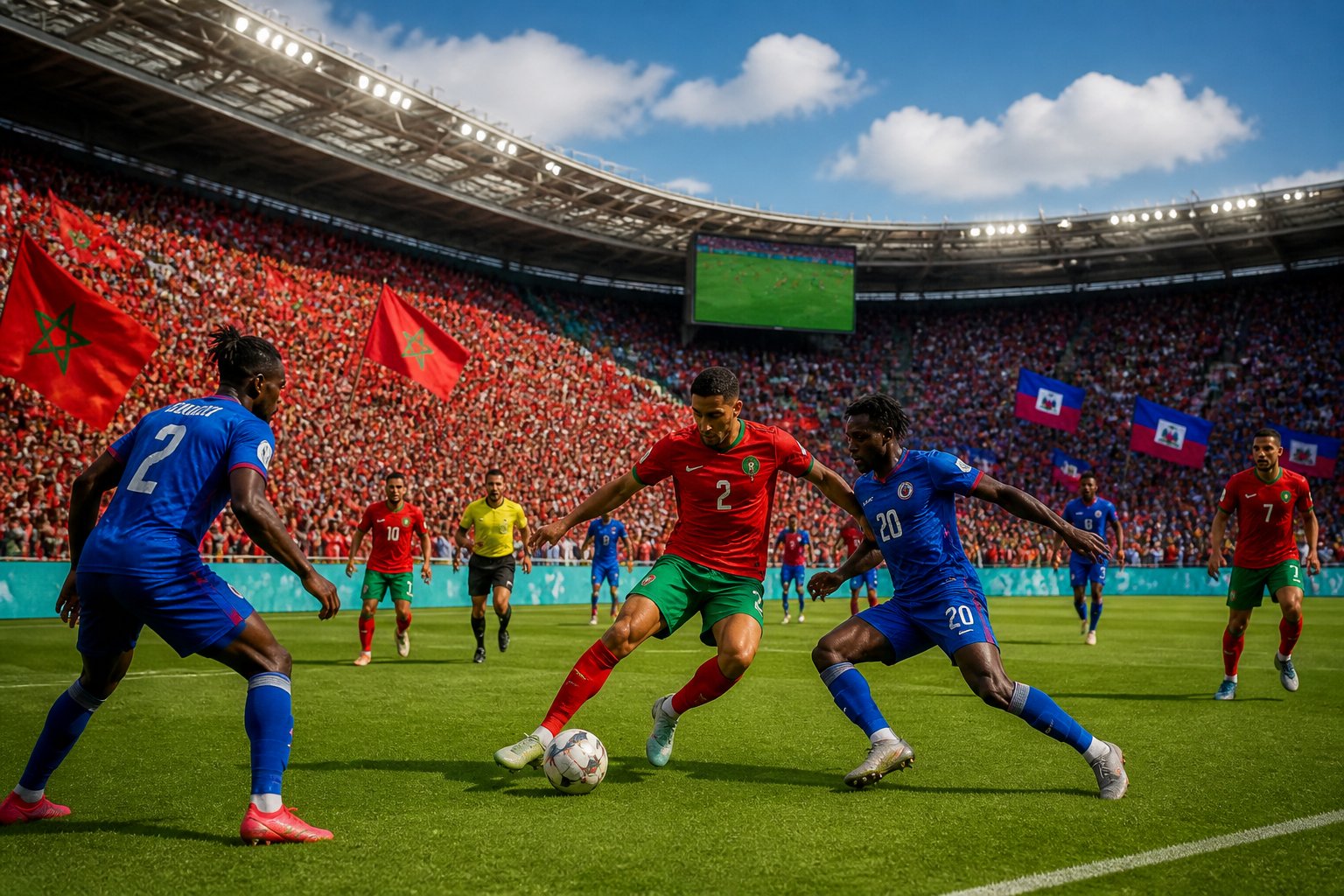 Fas ve Haiti takımlarının maç yaptığı, dolu bir stadyumda futbolcuların mücadele ettiği bir Dünya Kupası maçı sahnesi.
