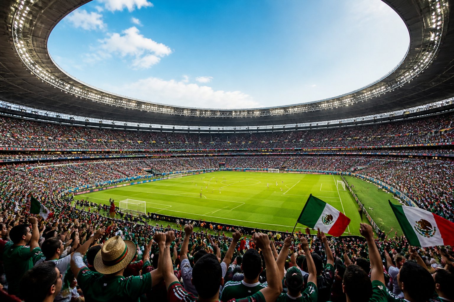 Estadio Azteca dolu tribünler ve Çek Cumhuriyeti ile Meksika milli takımları arasında oynanan bir Dünya Kupası maçının sahnesi.