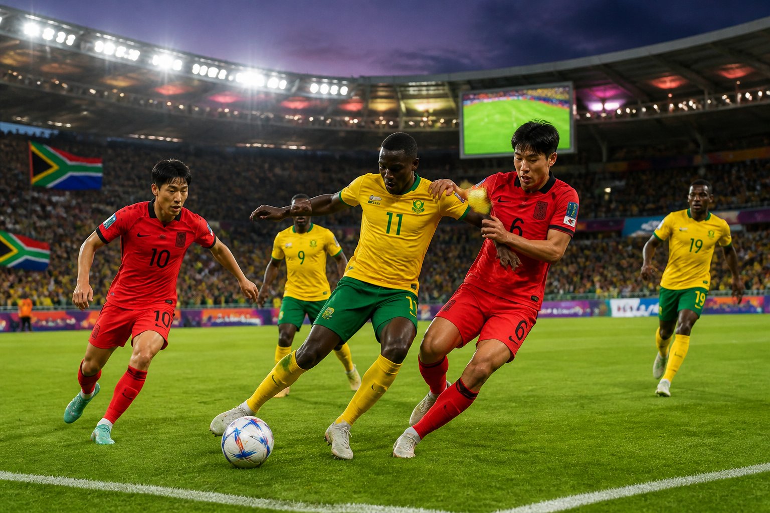 Güney Afrika ve Güney Kore milli takımları arasında bir Dünya Kupası futbol maçı, oyuncular sahada top için mücadele ediyor, tribünler dolu ve taraftarlar tezahürat yapıyor.