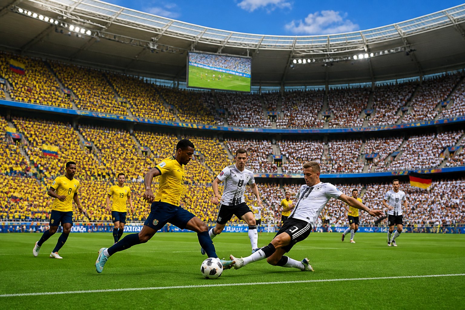 Ekvador ve Almanya futbol takımlarının maç yaptığı kalabalık bir stadyumda, oyuncuların sahada mücadele ettiği ve taraftarların tezahürat yaptığı bir futbol maçı görüntüsü.