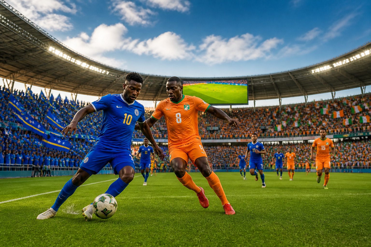 Curaçao ve Fildişi Sahili takımları arasında oynanan bir futbol maçında, kalabalık bir stadyumda oyuncular sahada mücadele ediyor.