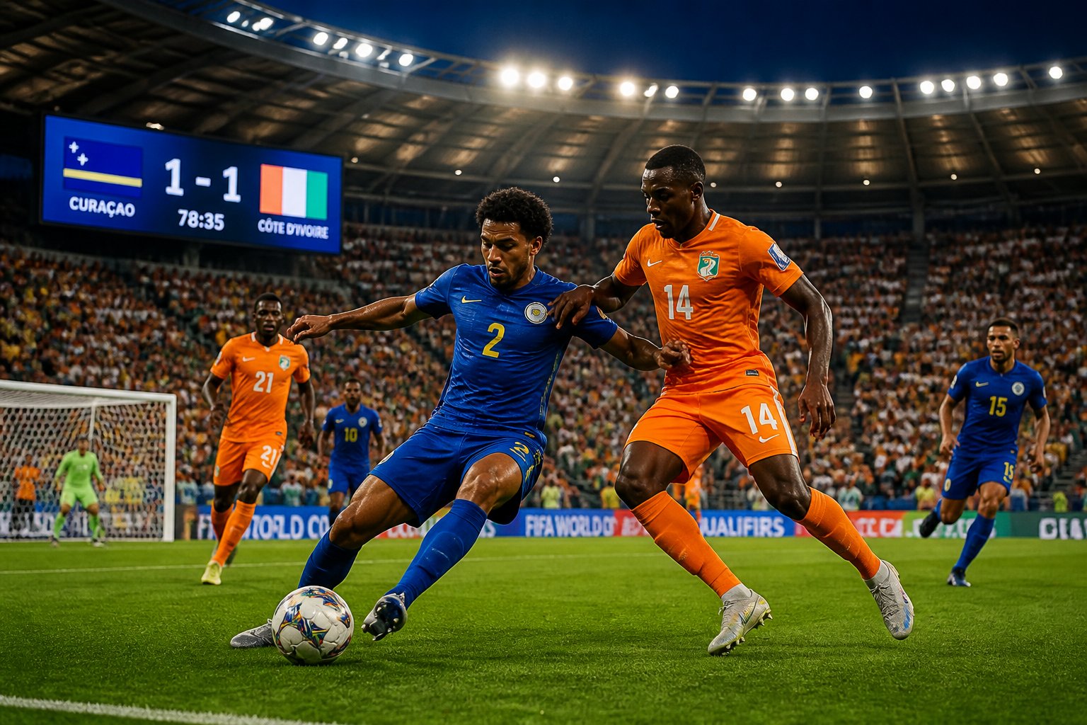 Curaçao ve Fildişi Sahili takımlarının Dünya Kupası maçında mücadele ettiği futbol sahnesi.
