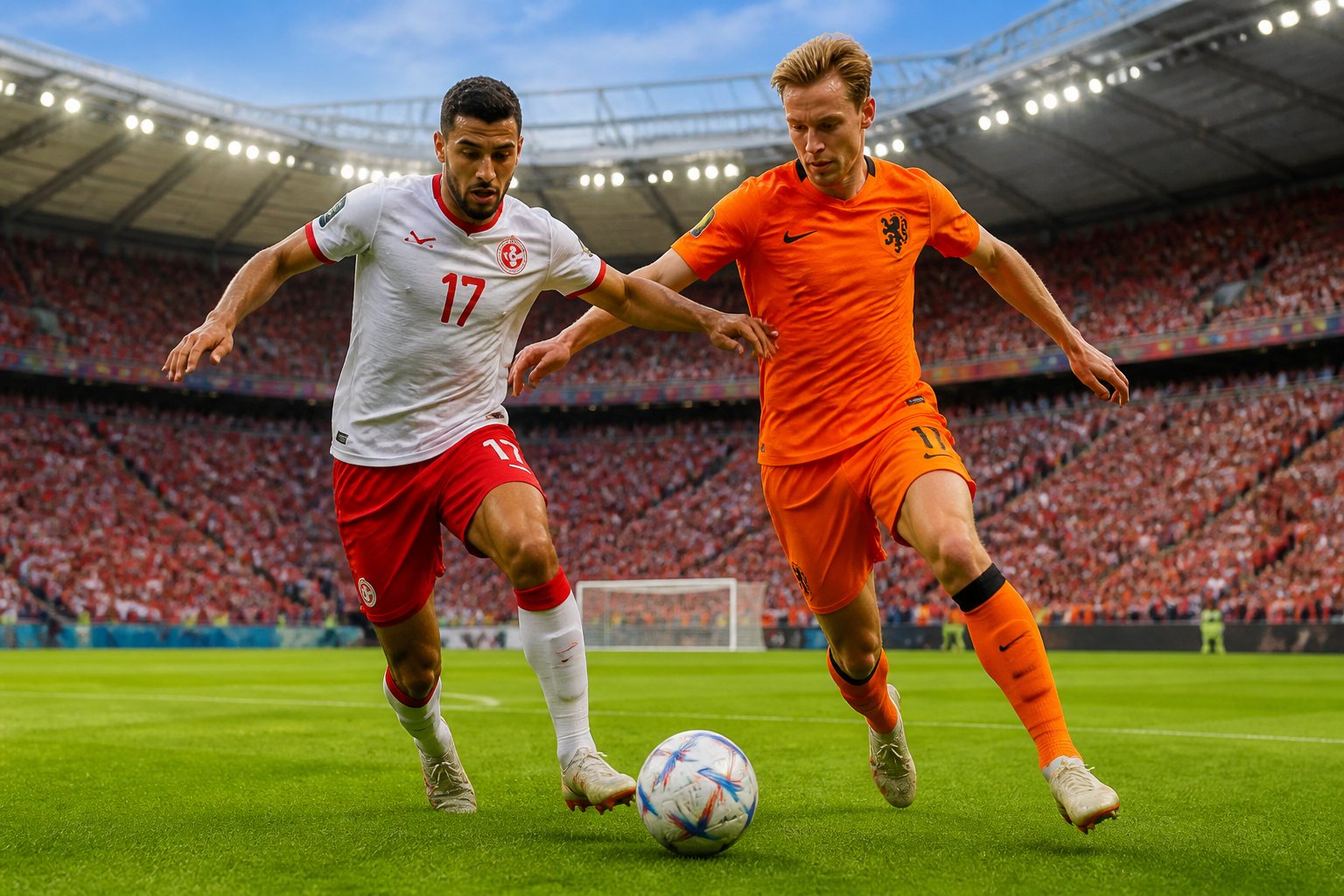 Tunus ve Hollanda milli futbol takımları arasında bir Dünya Kupası maçında sahada mücadele eden oyuncular.