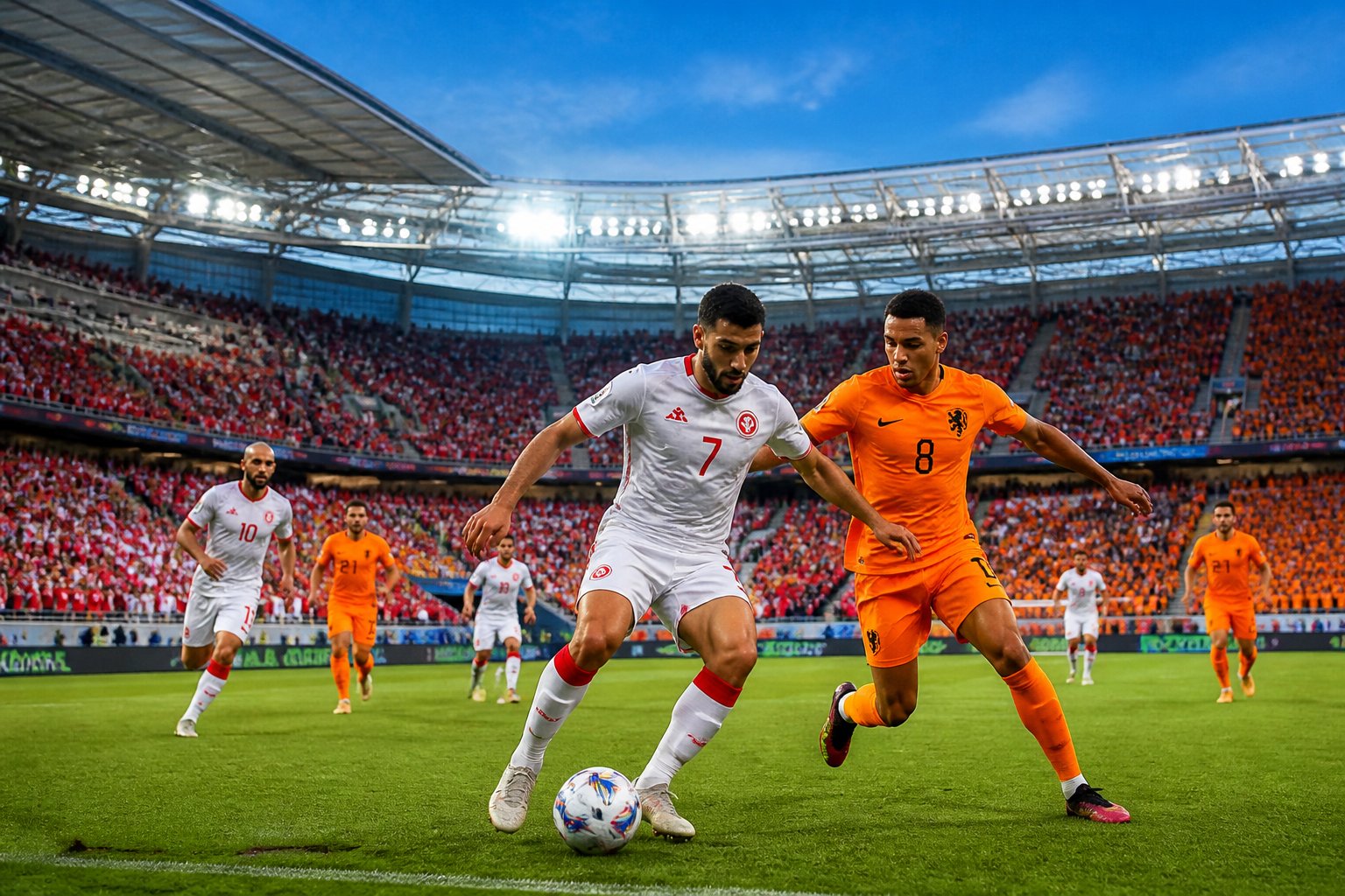Tunus ve Hollanda takımlarının Dünya Kupası maçında futbol sahasında mücadele ettiği kalabalık bir stadyum görüntüsü.