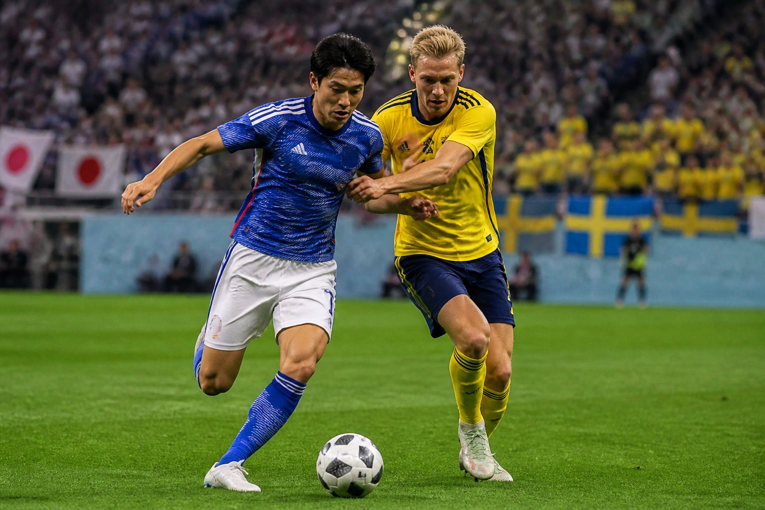 Japonya ve İsveç futbolcuları Dünya Kupası maçında top için mücadele ediyor.