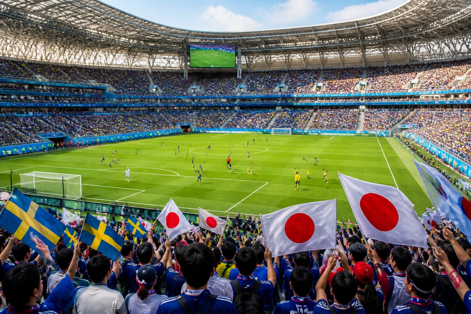 Japonya ve İsveç milli takımlarının maç yaptığı büyük bir futbol stadyumu ve taraftarlar.