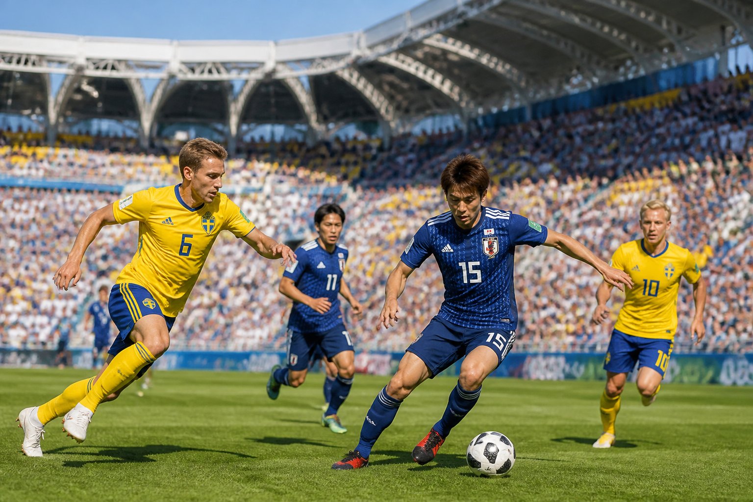 Japonya ve İsveç futbol takımlarının maç yaptığı kalabalık bir stadyumda oyuncular sahada mücadele ediyor.
