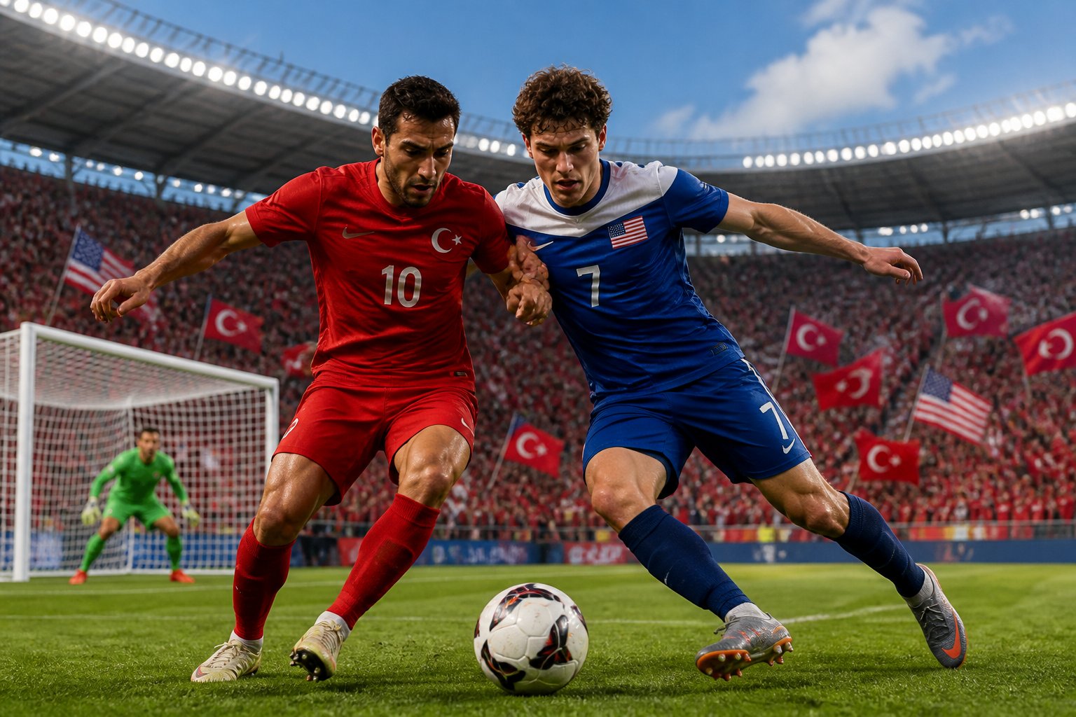 Türkiye ve ABD arasında Dünya Kupası maçında sahada topa sahip olmak için mücadele eden iki futbolcu ve tribünlerde bayraklar sallayan taraftarlar.