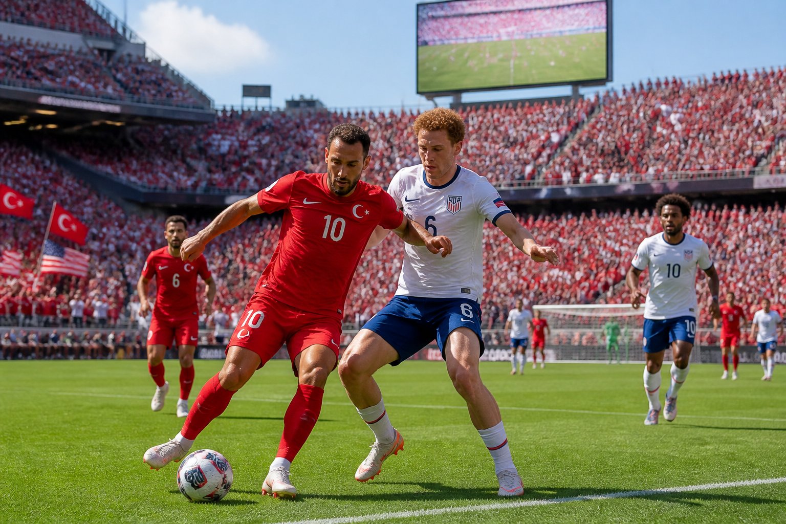 Türkiye ve ABD arasında oynanan bir Dünya Kupası futbol maçında, oyuncular sahada mücadele ediyor ve tribünlerde taraftarlar bayraklarla destek veriyor.