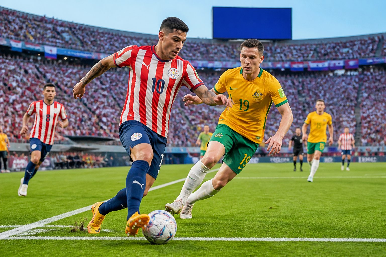Paraguay ve Avustralya takımlarının büyük bir stadyumda futbol maçı oynadığı, oyuncuların sahada mücadele ettiği bir an.