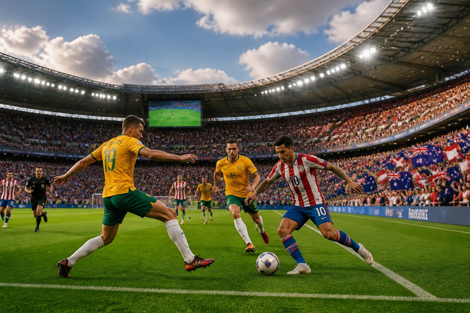 Paraguay ve Avustralya futbol takımları arasında bir Dünya Kupası maçında oyuncular sahada mücadele ediyor, tribünler dolu ve taraftarlar bayraklarla tezahürat yapıyor.